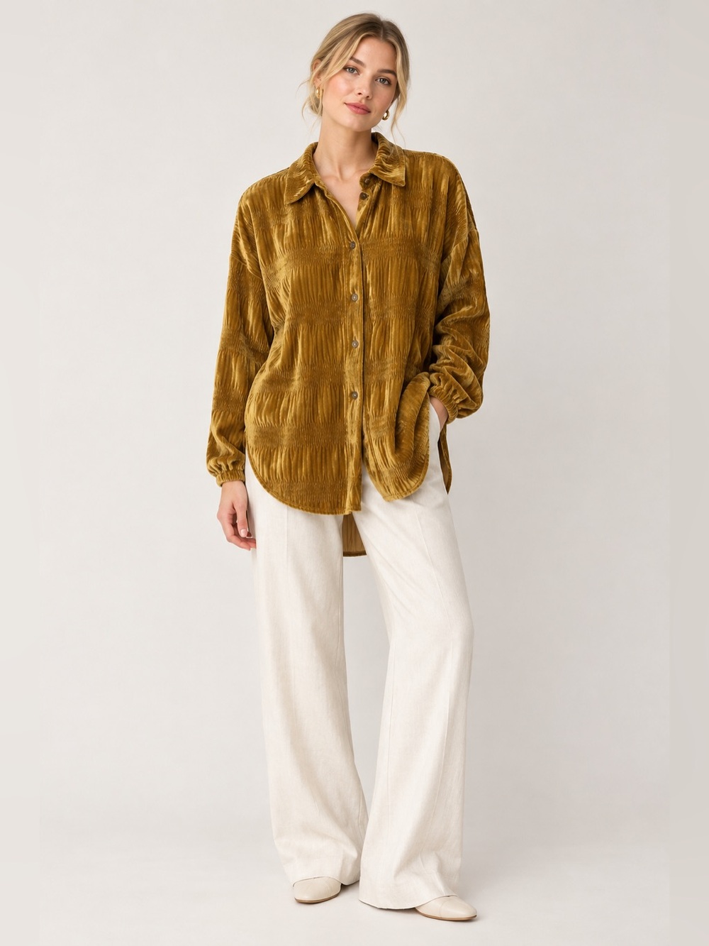 Free People Velvet Button Down Shirt Mustard Gold Oversized Boho Indie Lagenlook